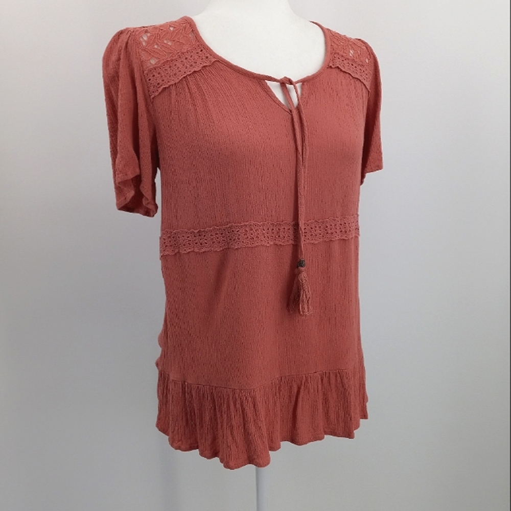 Artesia Top Women's S Lace Panel Eyelet Ribbon Detail Tassel Tie Ruffle Tier